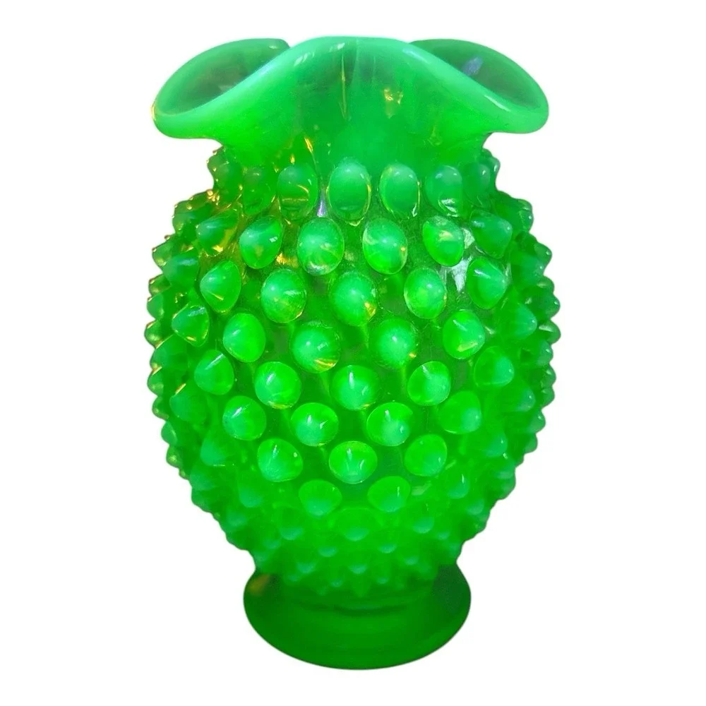 Vintage Fenton Hobnail Vaseline Uranium Glass Bud Vase Set of 3 Green Glow #07